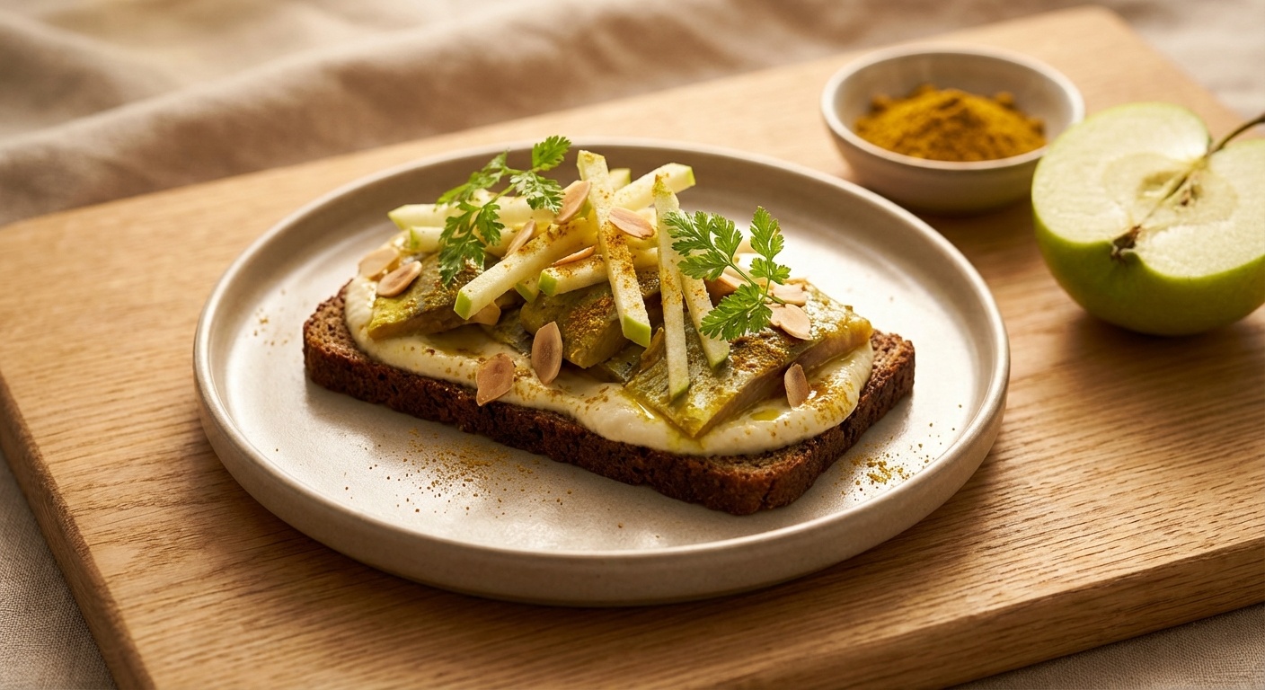 Smørrebrød with Curried Herring, Cauliflower Cream and Toasted Almonds