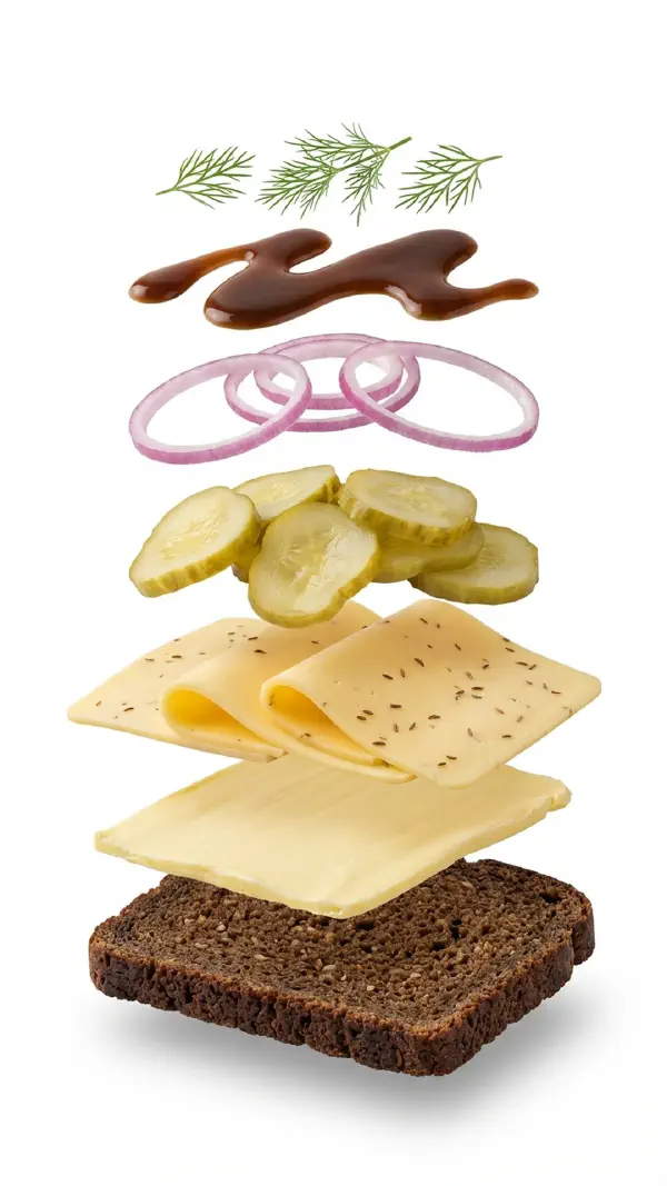 Danbo with beef jelly and pickled cucumber assembly © kvalifood.com