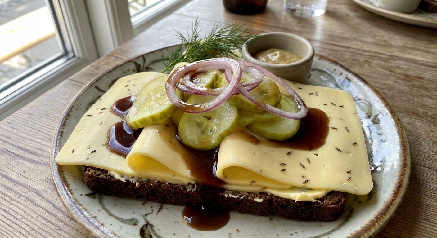 Smørrebrød with Danbo, Beef Jelly and Pickled Cucumber