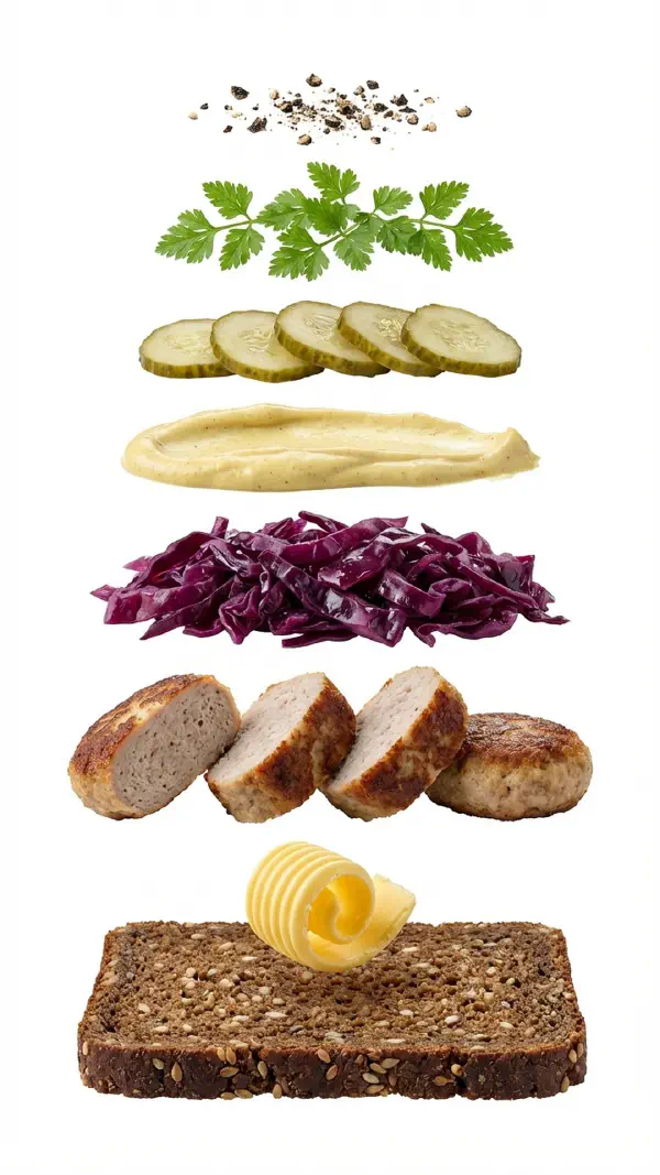 Frikadeller with red cabbage and mustard cream assembly © kvalifood.com