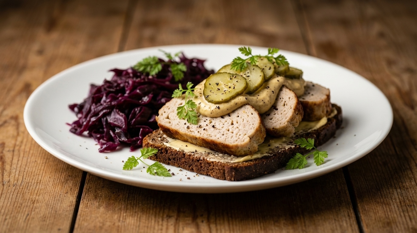 Smørrebrød with Frikadeller, Red Cabbage and Mustard Cream