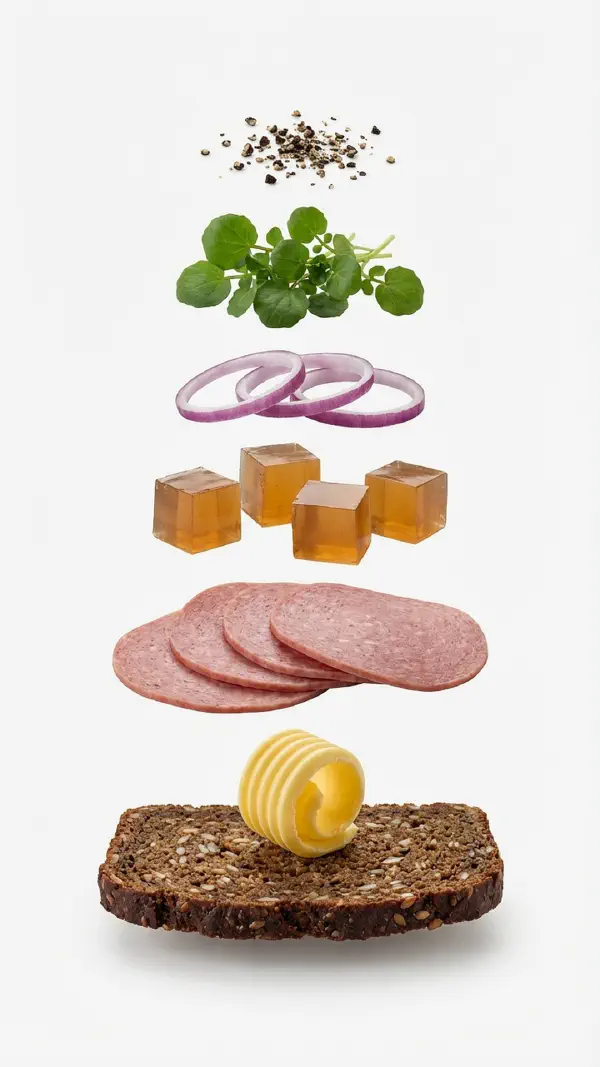 Danish salami with meat jelly and red onion assembly © kvalifood.com