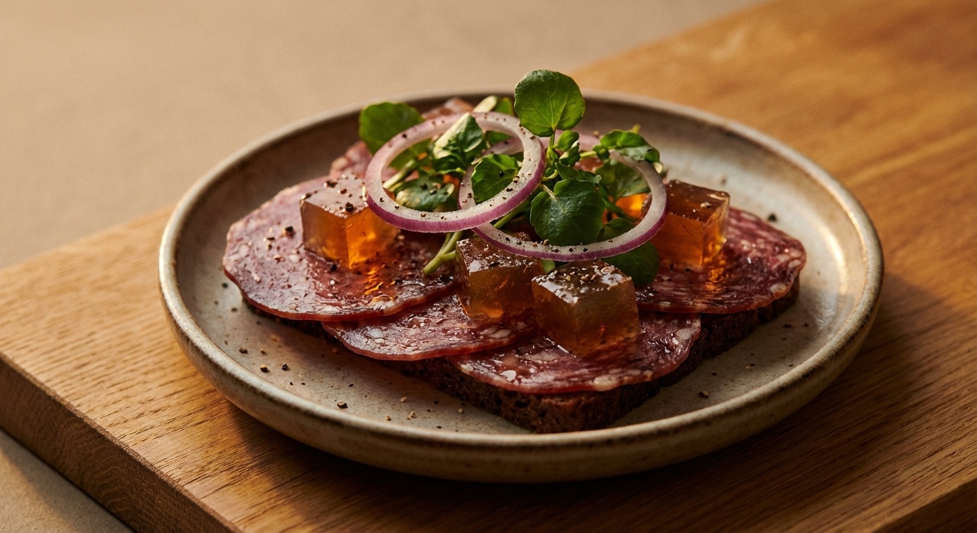 Smørrebrød with Danish Salami, Meat Jelly and Red Onion