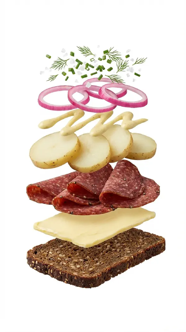 Danish salami with potato and dijonnaise assembly © kvalifood.com