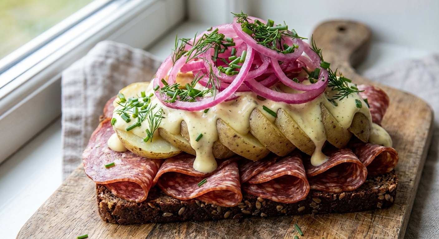 Smørrebrød with Danish Salami, Potato and Dijonnaise