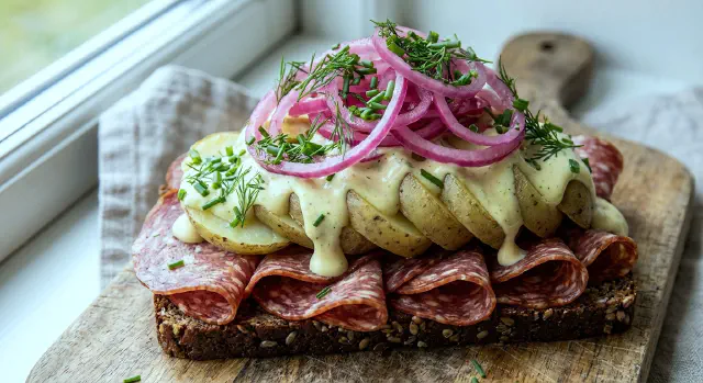 Smørrebrød with Danish Salami, Potato and Dijonnaise