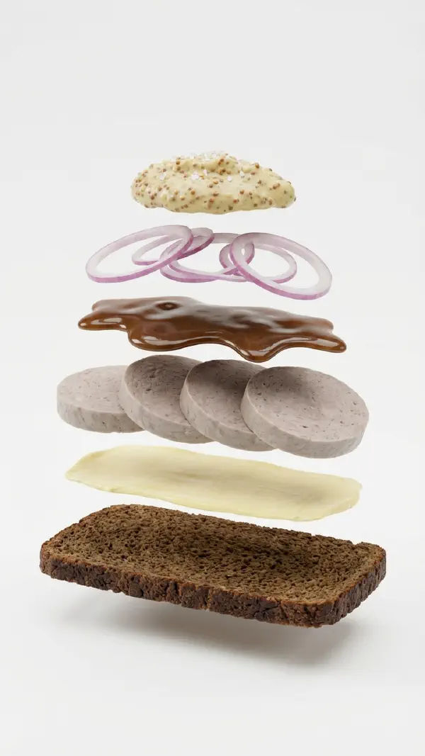 Danish meat sausage with meat jelly and mustard assembly © kvalifood.com