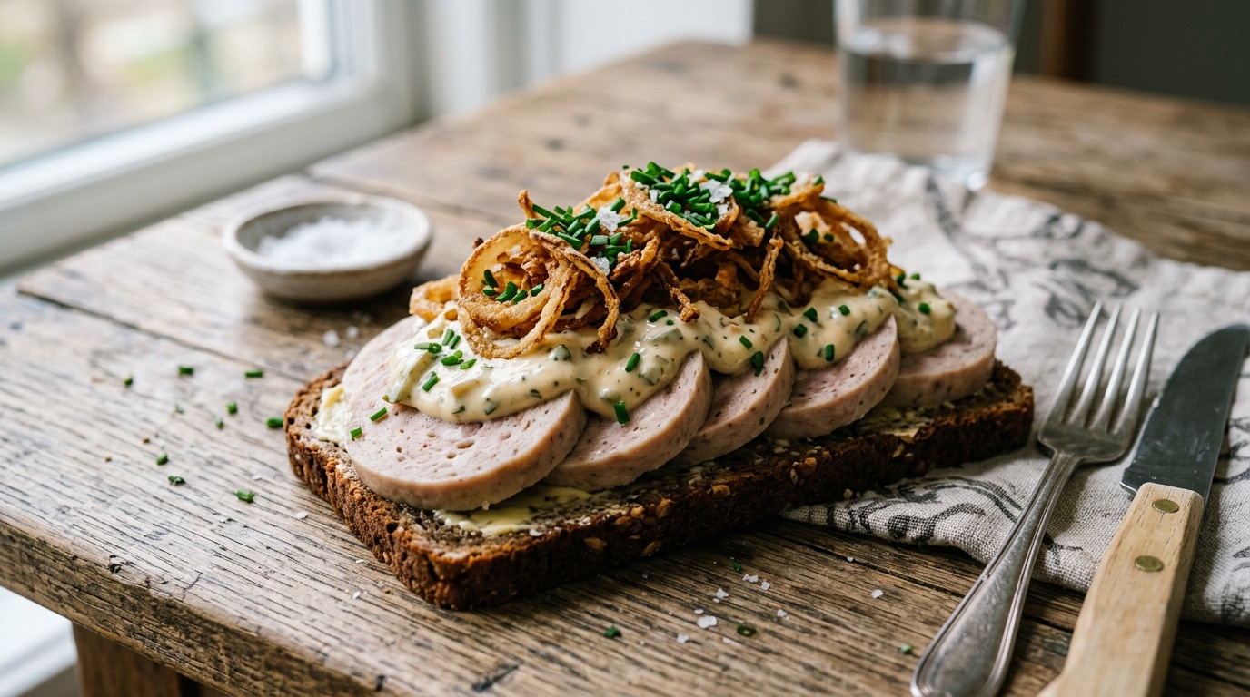 Danish Meat Sausage with Remoulade and Fried Onions