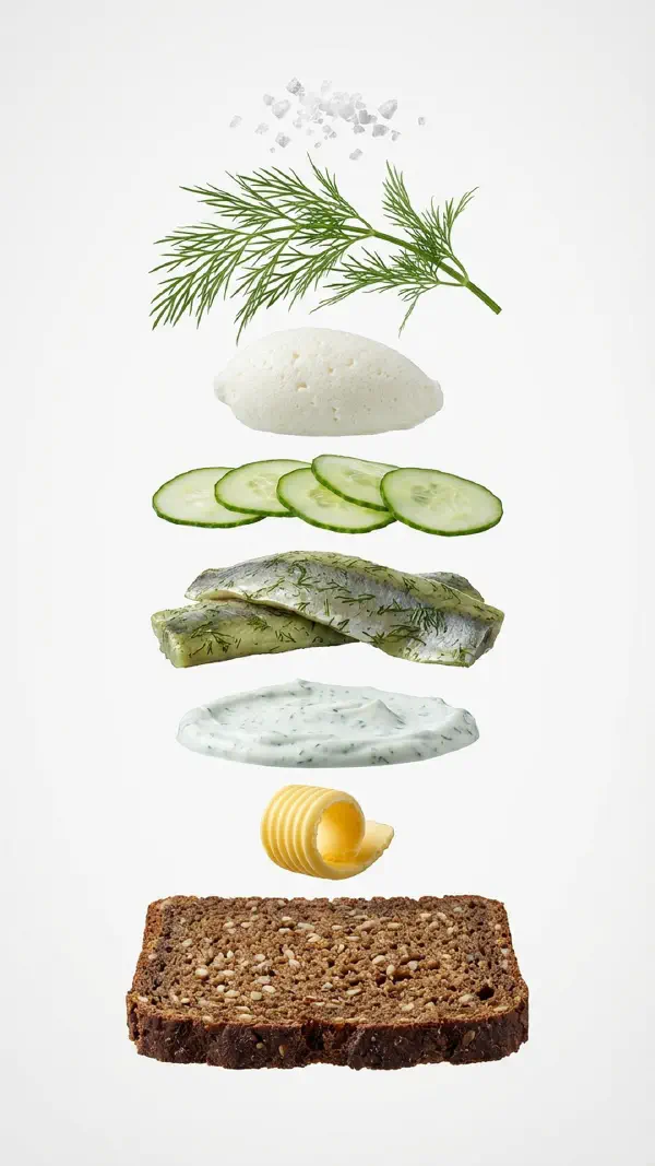 Dill herring with cucumber cream and smoked cheese foam assembly © kvalifood.com