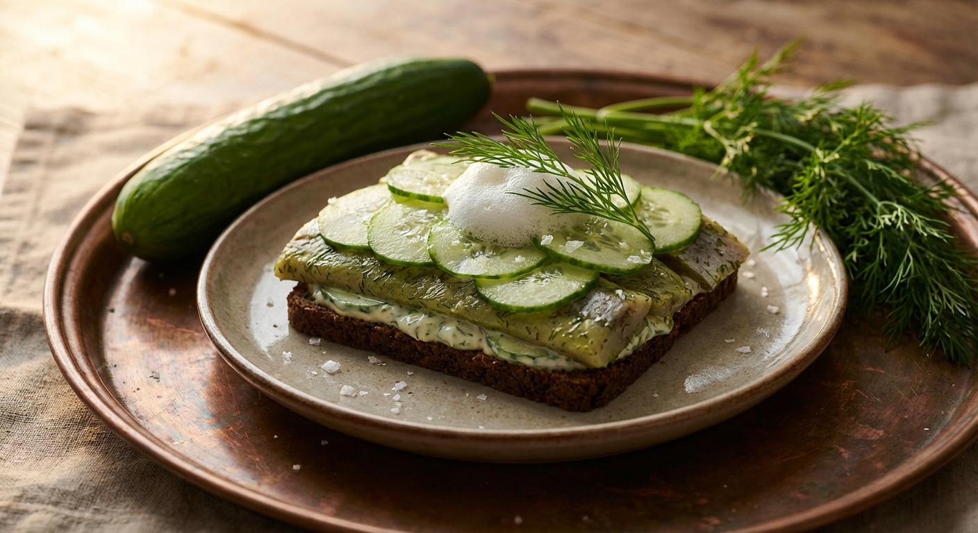 Smørrebrød with Dill Herring, Cucumber Cream and Smoked Cheese Foam