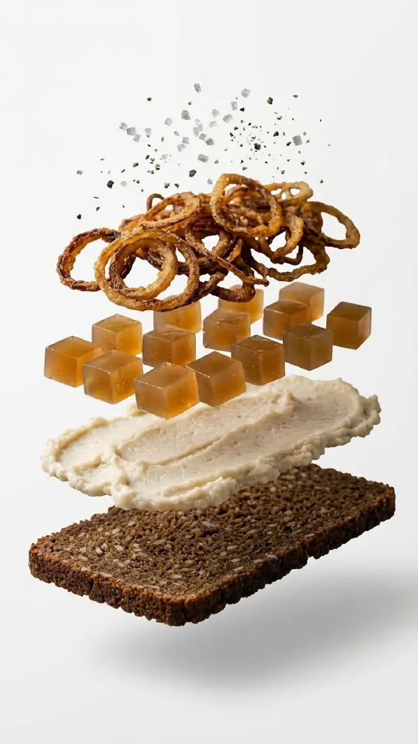 Dripping and beef jelly with fried onions assembly © kvalifood.com