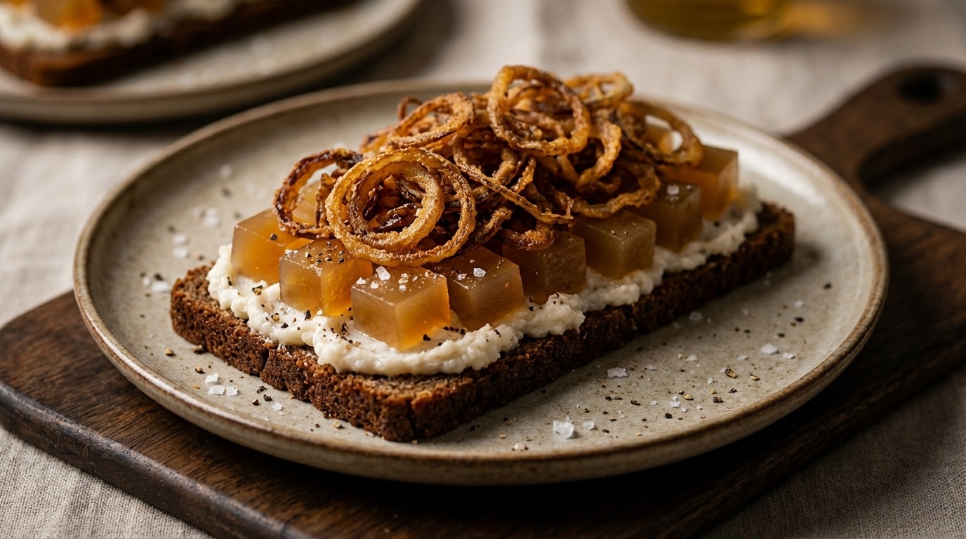 Smørrebrød with Dripping, Beef Jelly and Fried Onions