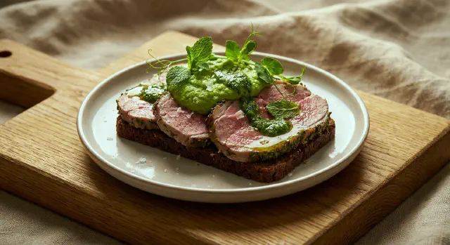 Smørrebrød with Easter Lamb, Mint Pesto and Pea Hummus