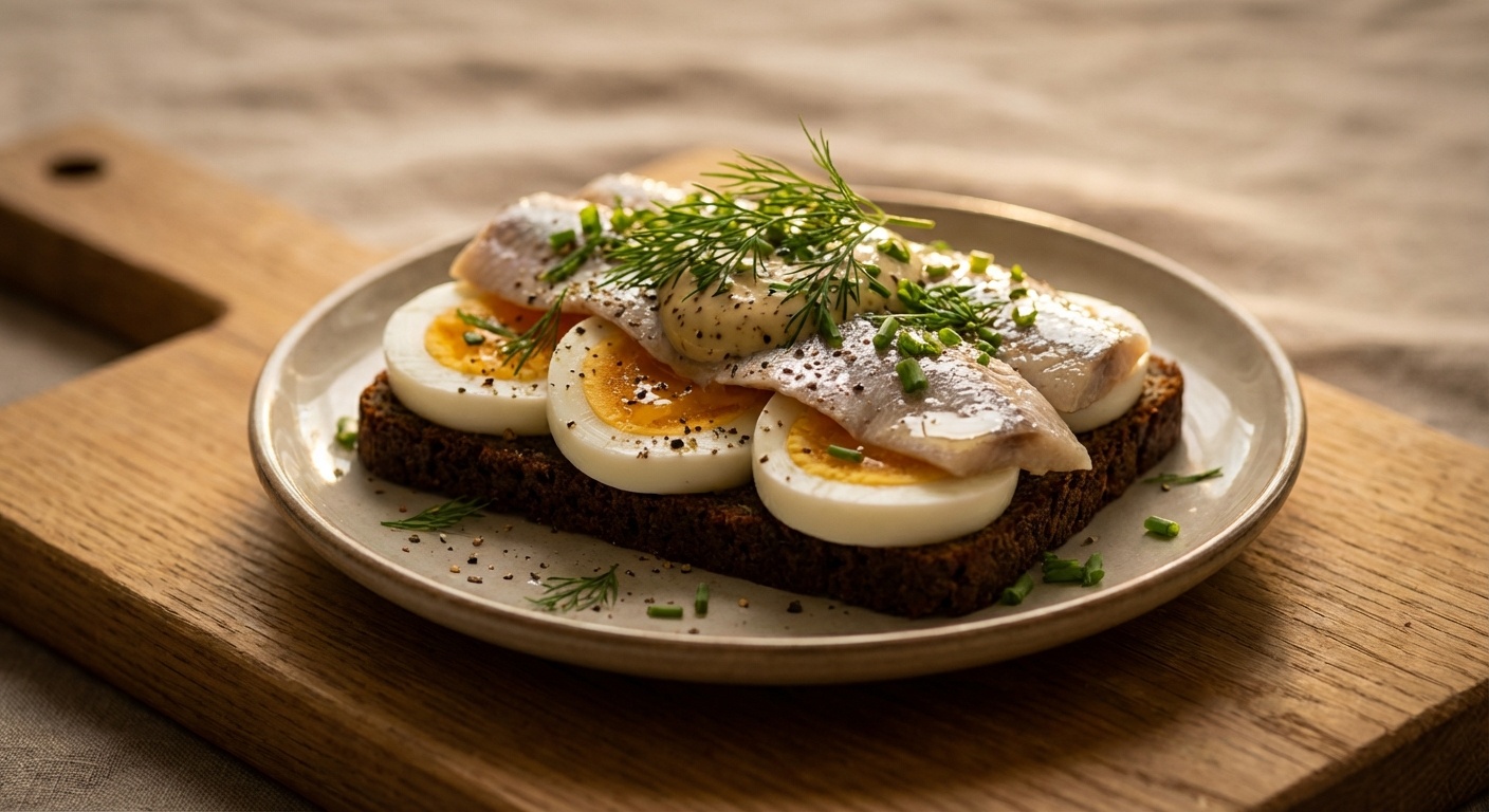 Smørrebrød with Egg, Herring and Mustard Cream