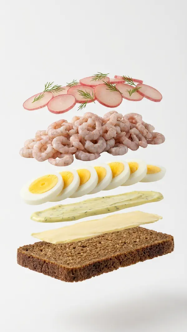 Egg with prawns and pickled radishes assembly © kvalifood.com