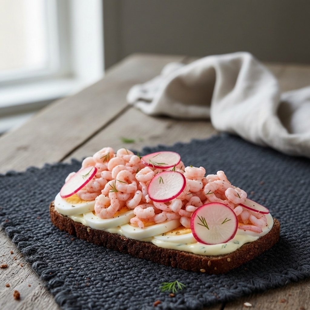 Smørrebrød with Egg, Prawns and Pickled Radishes