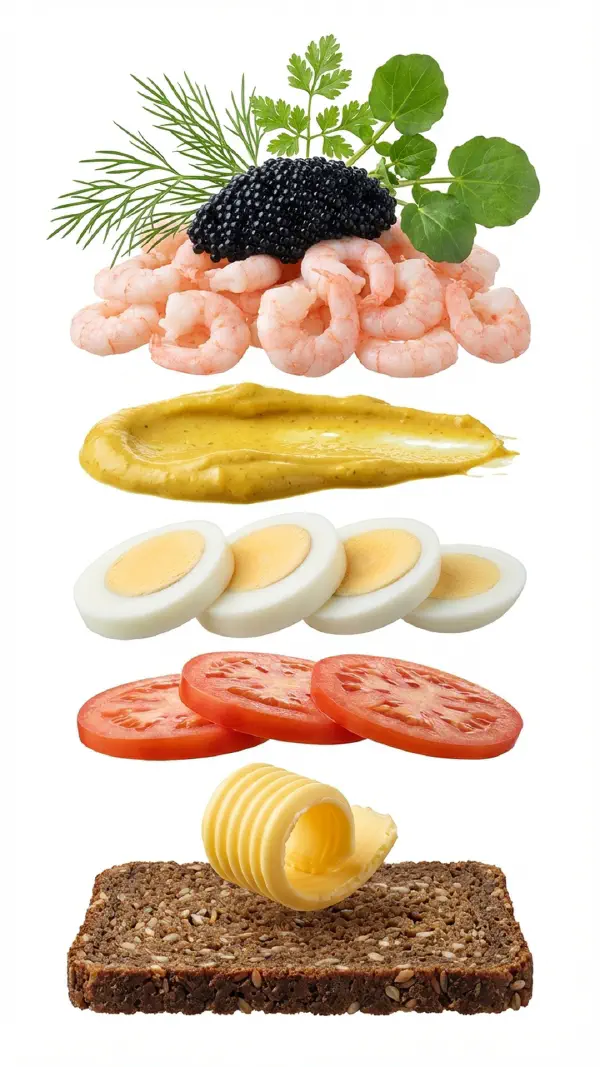 Egg and prawns with curry mayo and lumpfish roe assembly © kvalifood.com