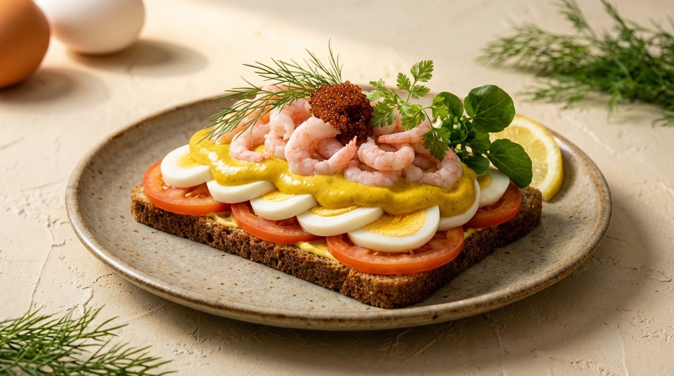 Smørrebrød with Egg, Prawns, Curry Mayo and Lumpfish Roe