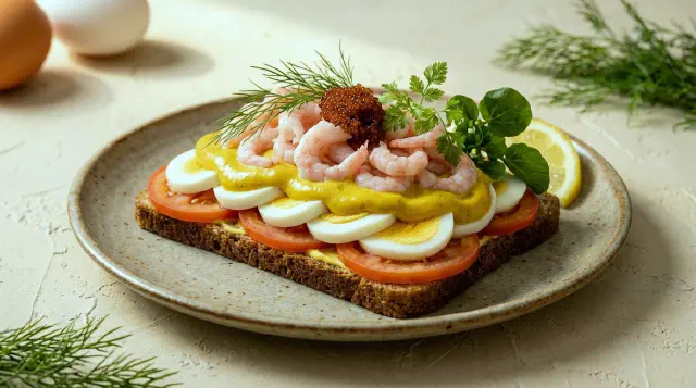Smørrebrød with Egg, Prawns, Curry Mayo and Lumpfish Roe