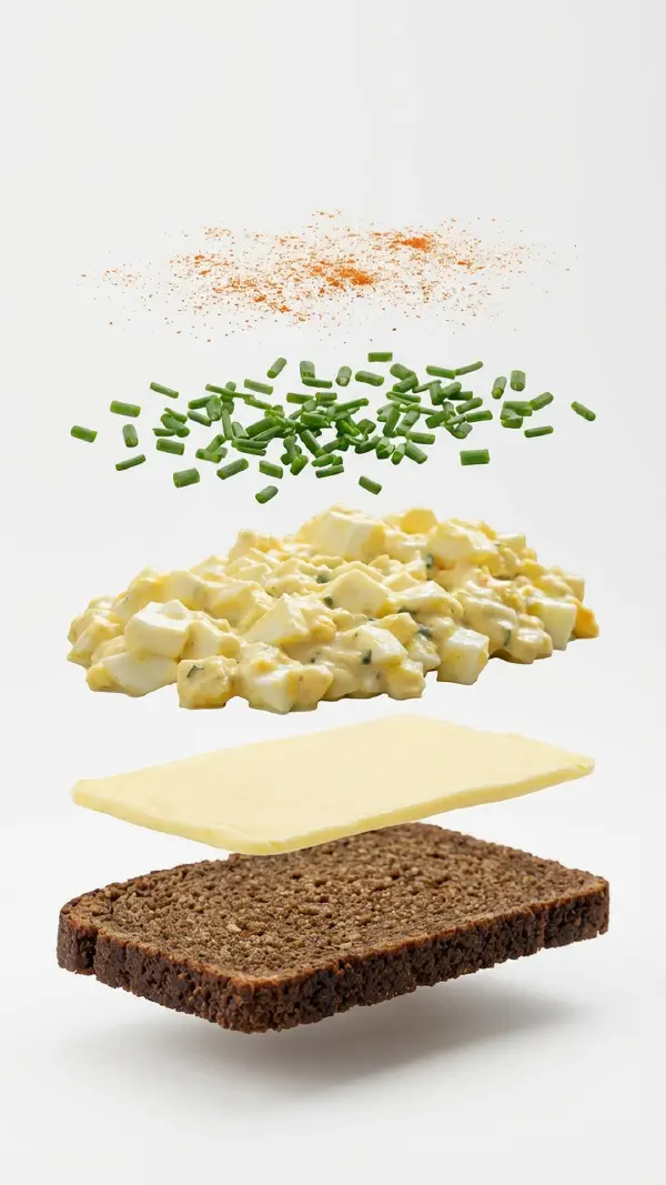 Egg salad with Dijon mustard and chives assembly © kvalifood.com