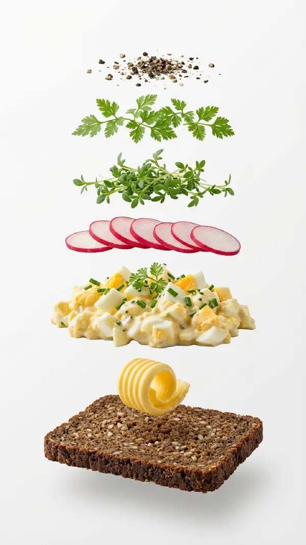 Egg salad with Dijon mustard and chervil assembly © kvalifood.com