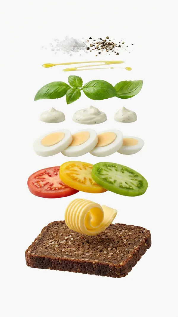 Egg and tomato with basil cream assembly © kvalifood.com