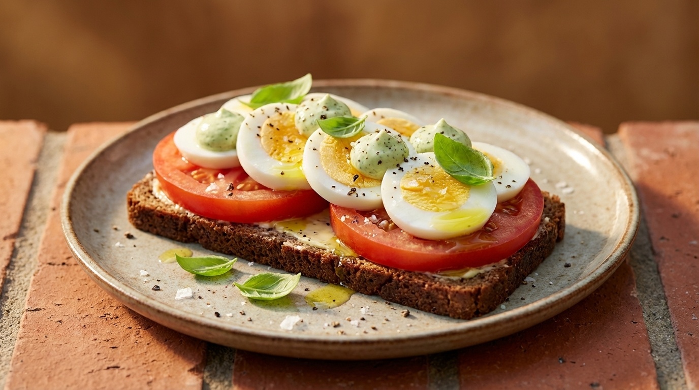 Smørrebrød with Egg, Tomato and Basil Cream