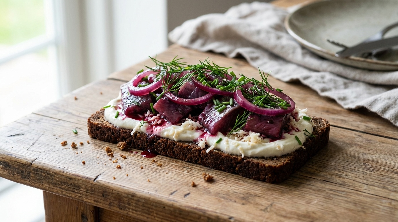 Smørrebrød with Elderberry Herring and Horseradish Cream