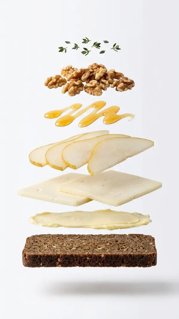 Esrom with pear and toasted walnuts assembly © kvalifood.com