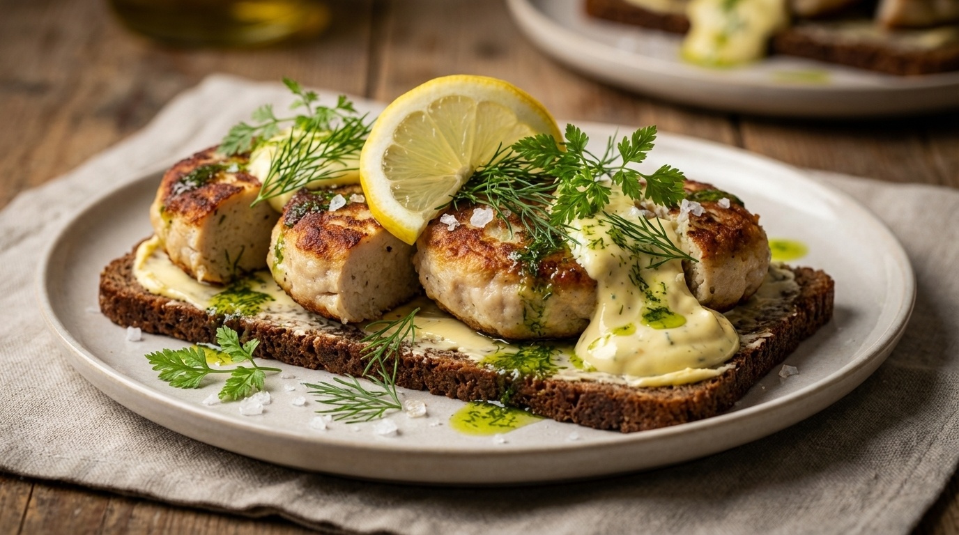 Smørrebrød with Fish Cakes, Remoulade and Dill Oil