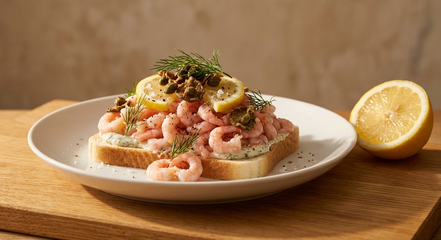 Smørrebrød with Fjord Shrimp, Dill Mayo and Crispy Capers
