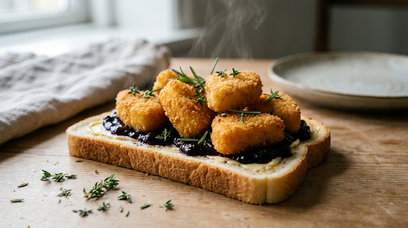 Smørrebrød with Fried Camembert and Blackcurrant Jam
