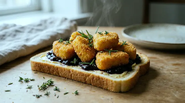 Smørrebrød with Fried Camembert and Blackcurrant Jam