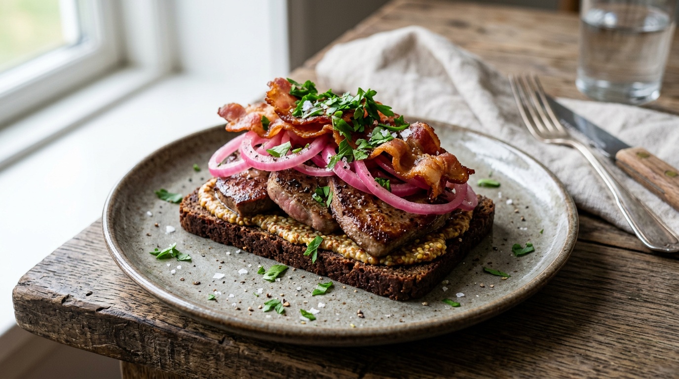 Smørrebrød with Fried Liver, Pickled Onions and Mustard