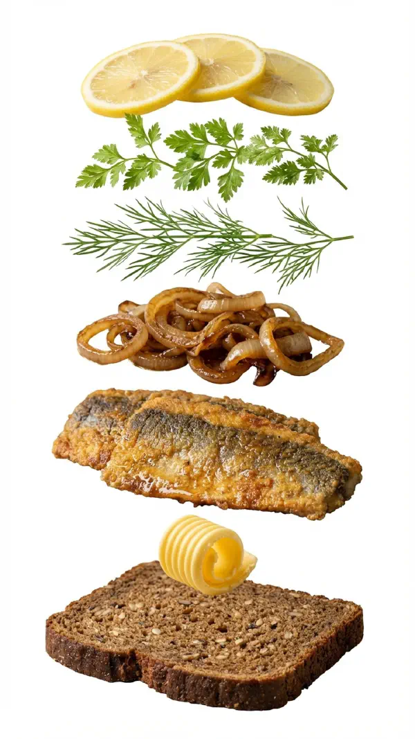 Fried pickled herring with caramelised onions assembly © kvalifood.com