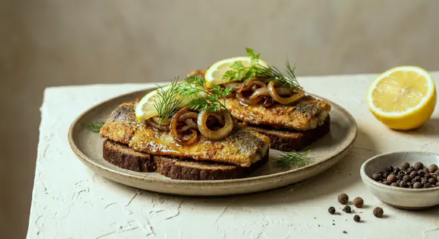 Smørrebrød with Fried Pickled Herring and Caramelised Onions