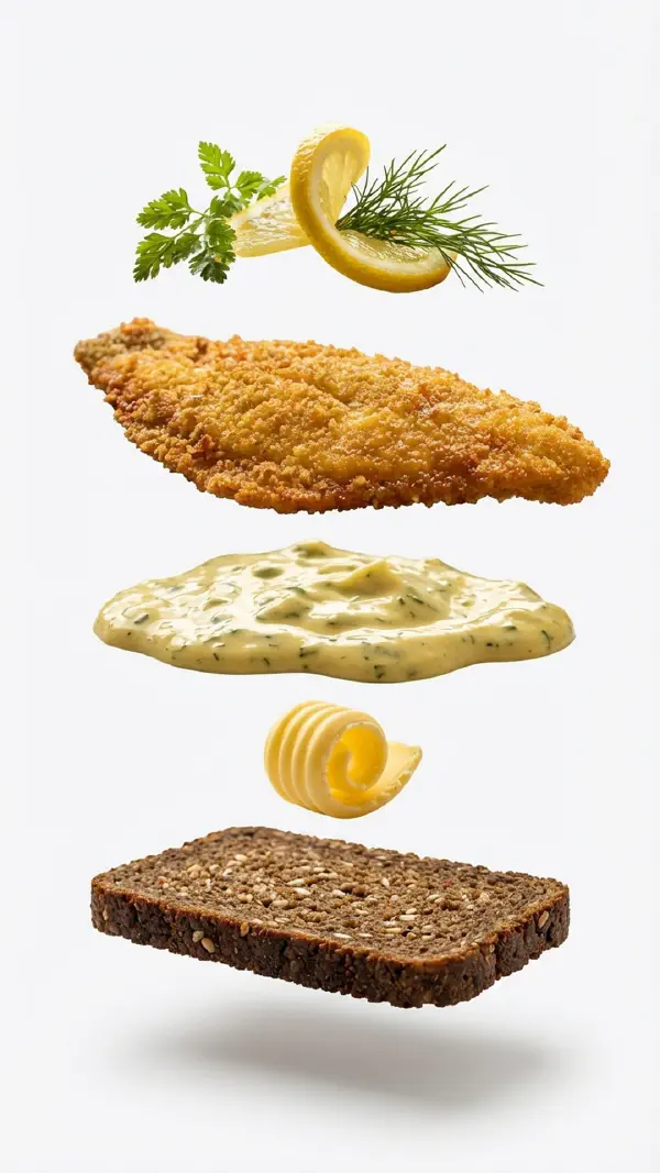 Fried plaice fillets with remoulade and lemon oil assembly © kvalifood.com