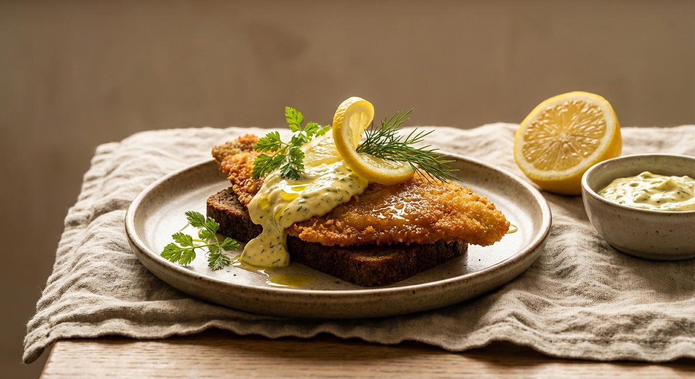 Smørrebrød with Fried Plaice Fillets, Remoulade and Lemon Oil