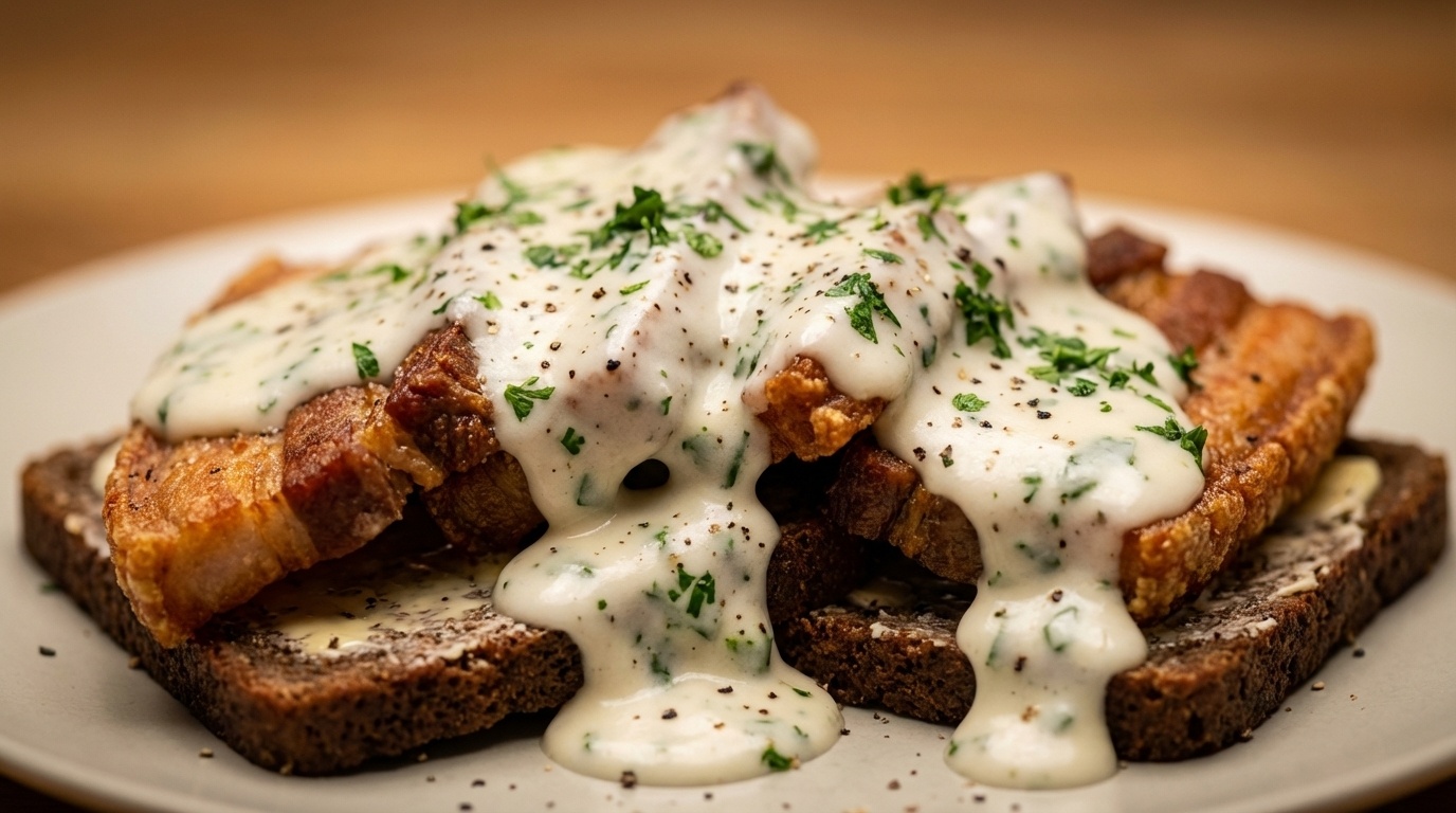 Smørrebrød with Fried Pork and Parsley Sauce