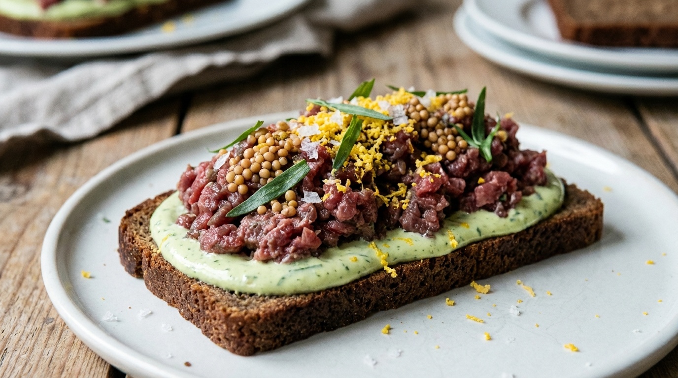 Smørrebrød with Game Tartare, Capers and Tarragon Emulsion