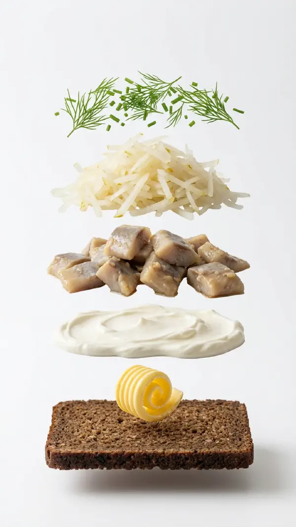 Ginger herring with pear and crème fraîche assembly © kvalifood.com