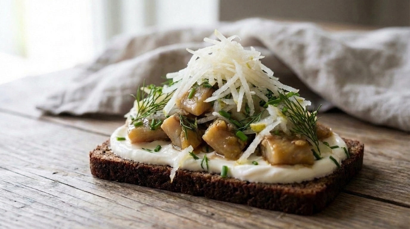 Smørrebrød with Ginger Herring and Pear
