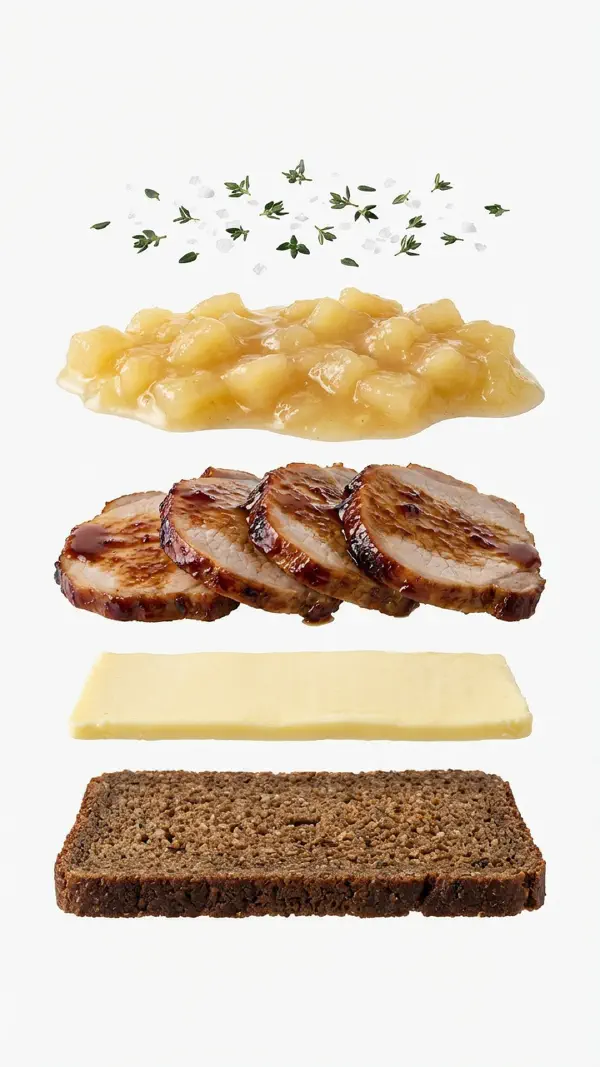 Glazed pork loin with apple compote and thyme assembly © kvalifood.com