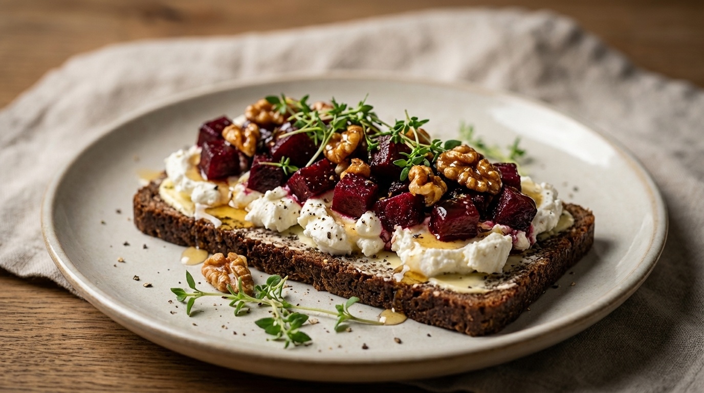 Smørrebrød with Goat Cheese, Beetroot, Honey and Walnuts