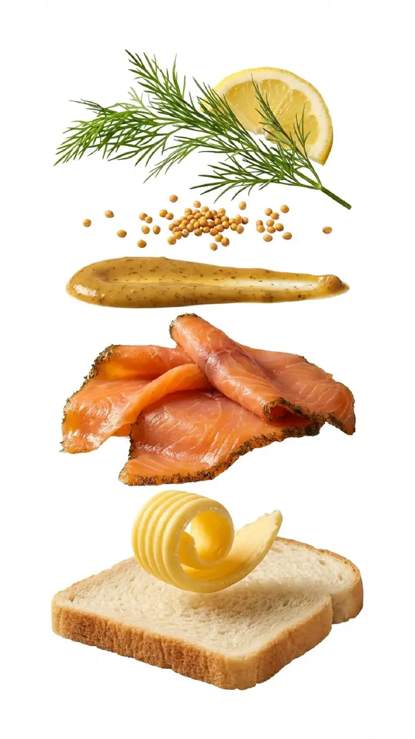 Gravad salmon with mustard dill sauce and mustard seeds assembly © kvalifood.com