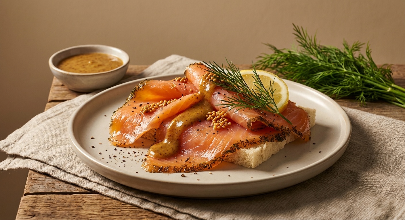 Smørrebrød with Gravad Salmon, Mustard Dill Sauce and Mustard Seeds