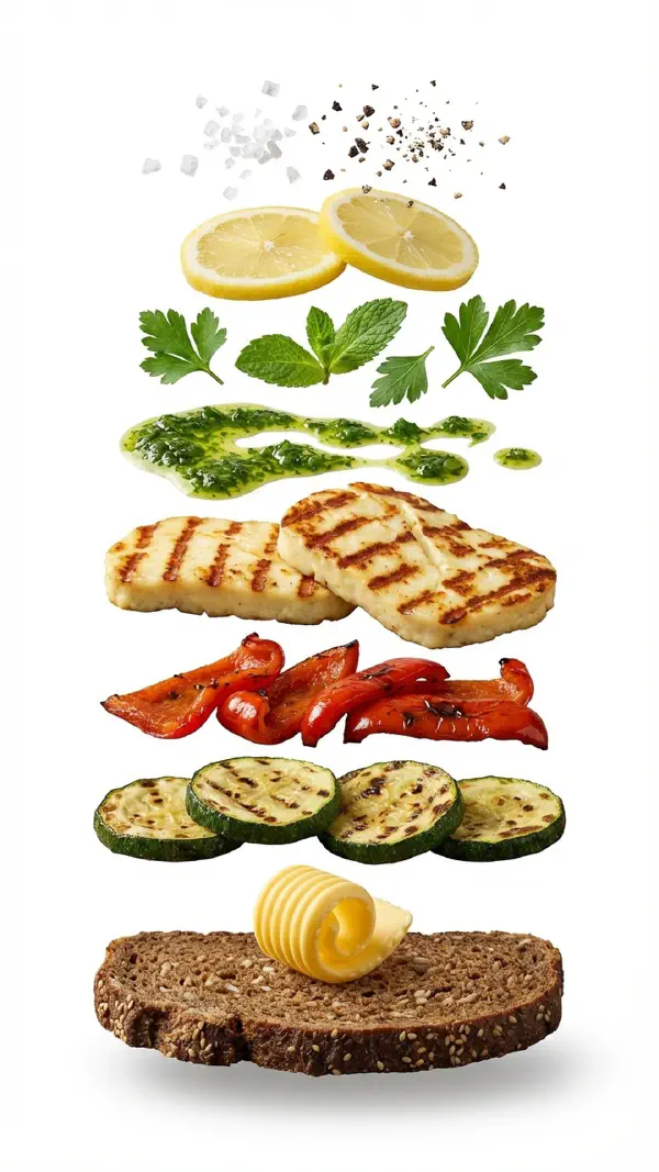 Halloumi with grilled vegetables and herb oil assembly © kvalifood.com