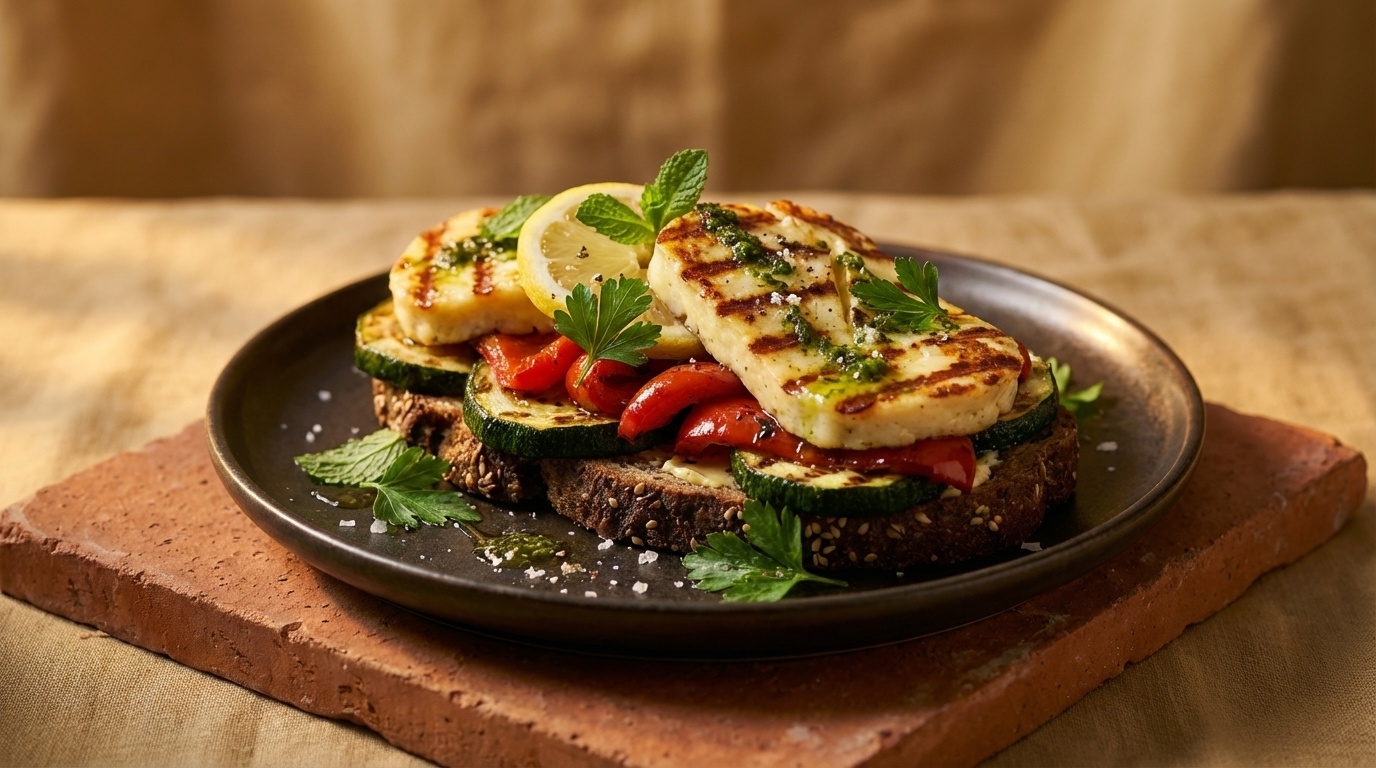 Smørrebrød with Halloumi, Grilled Vegetables and Herb Oil