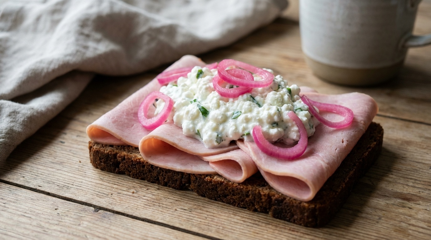 Smørrebrød with Ham, Cottage Cheese and Wild Garlic