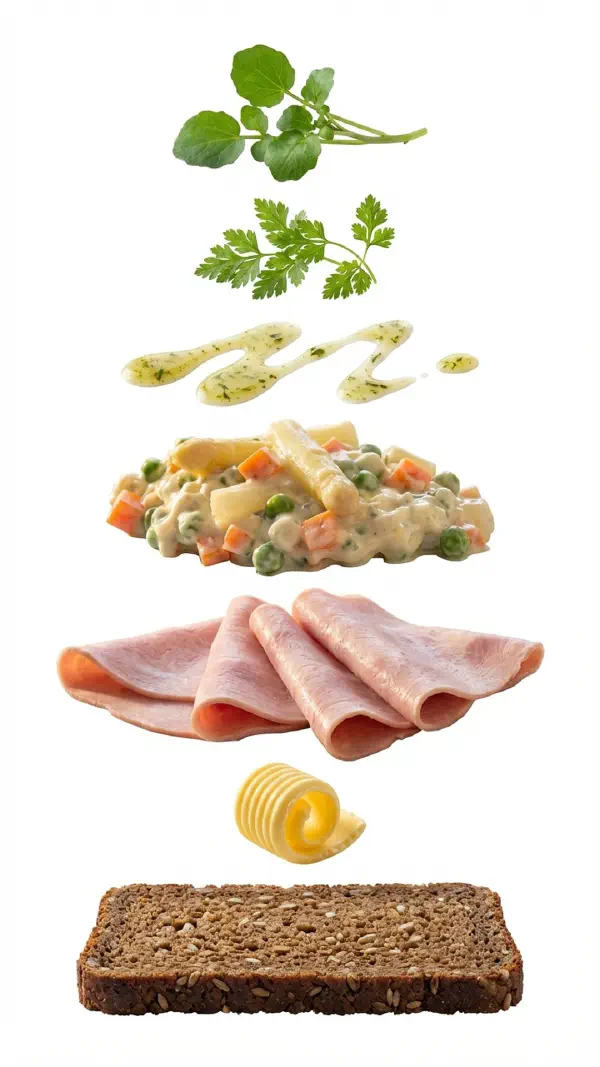 Ham with Italian salad and herb vinaigrette assembly © kvalifood.com